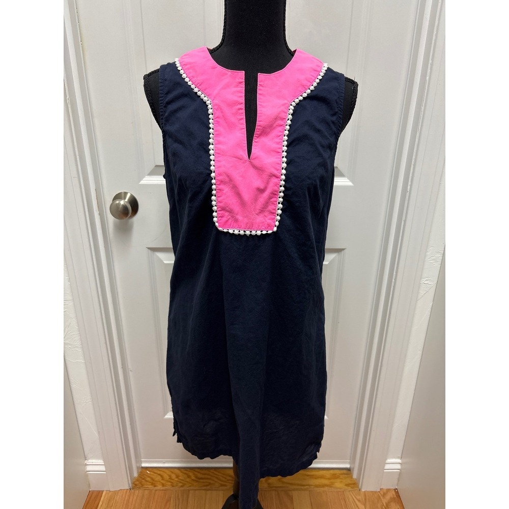 Sail to Sable Navy Blue Pink Pom Pom Trim Sleeveless Shift Dress Medium